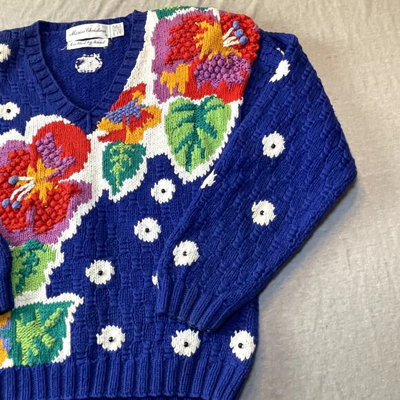 Marisa Christina Hand Knitted Floral Polka Dotted Kitschy Flower Sweater S - Picture 4 of 9